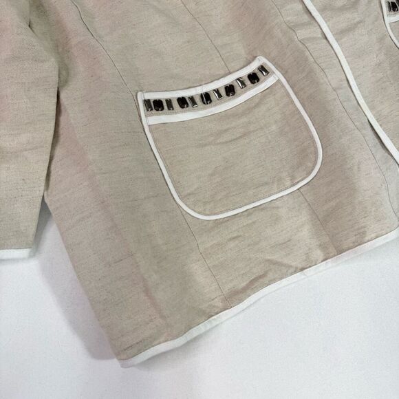 Catherines Blazer Jacket Womens 18/20W tan 3/4 Sleeve Linen Blend Piped Beaded - Picture 2 of 8